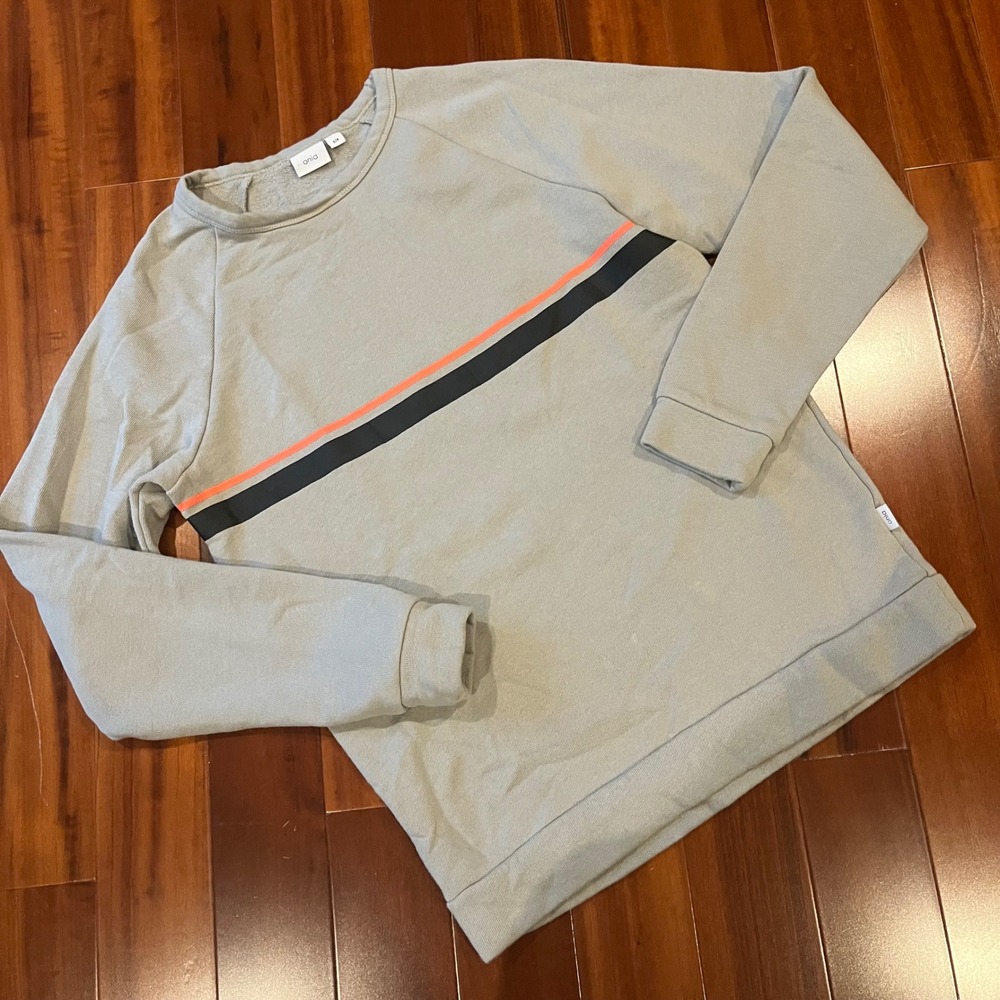 Onia Dave Sweatshirt Grey Stripe Raglan Pullover Cotton Blend Sea Fog Size Small